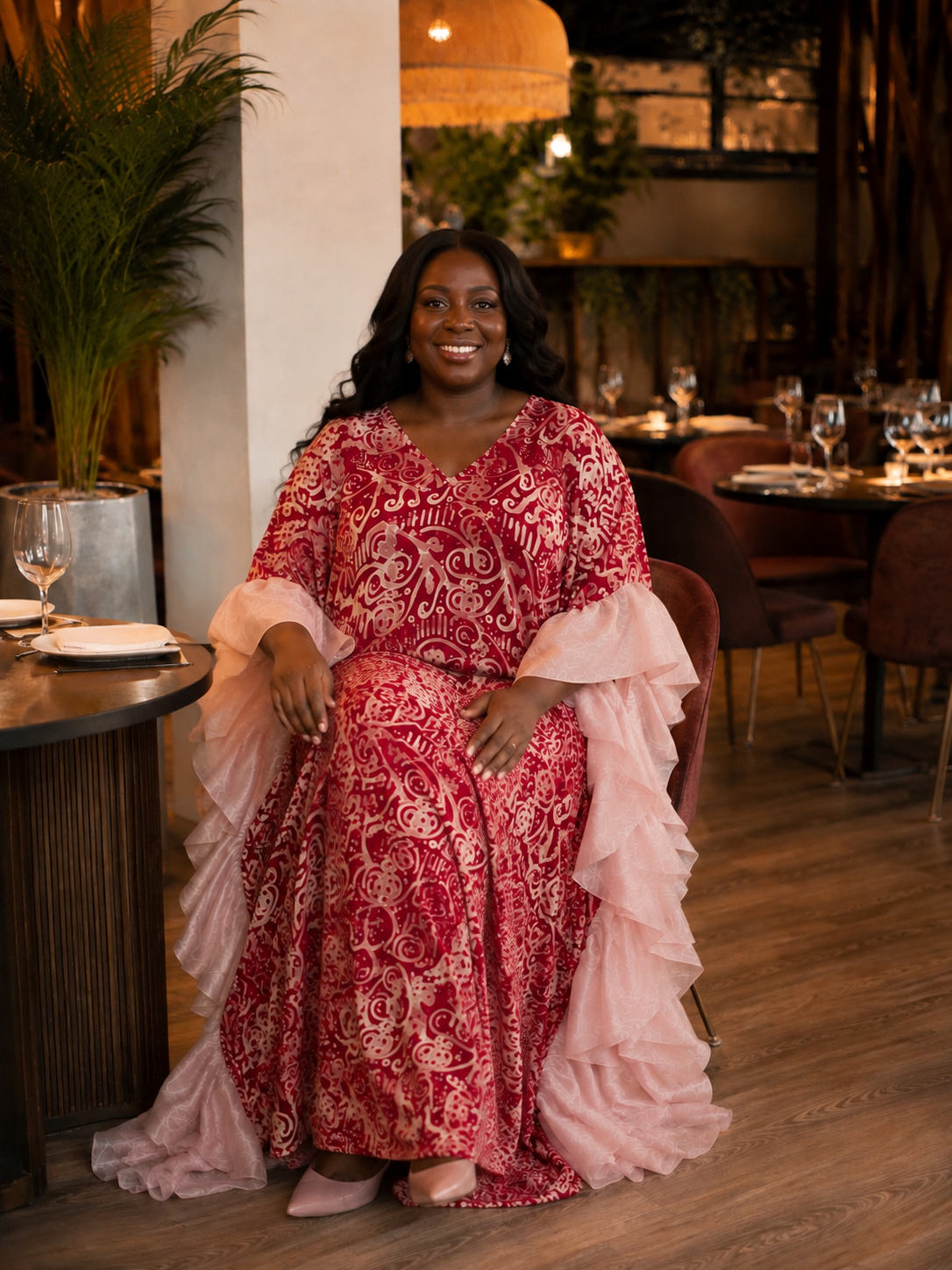 The Adire Bubu Dress — Reddish Pink (with Matching Scarf)