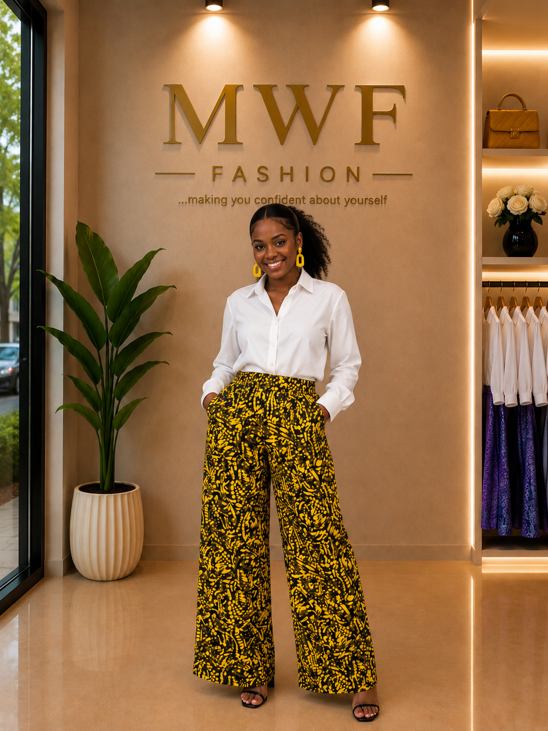The Ankara Pant Set — Yellow (with Oversized White Shirt)