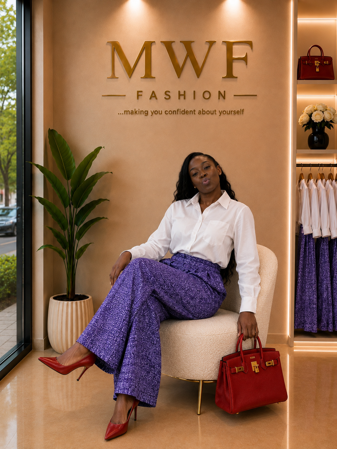 The Ankara Pant Set — Purple (with Oversized White Shirt)