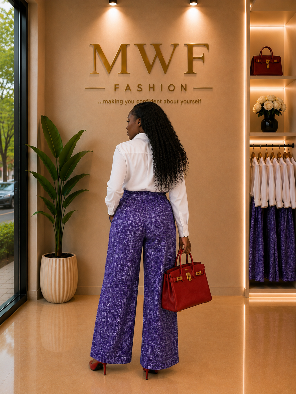 The Ankara Pant Set — Purple (with Oversized White Shirt)