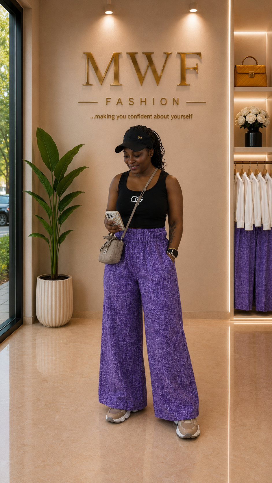 The Ankara Pant Set — Purple (with Oversized White Shirt)